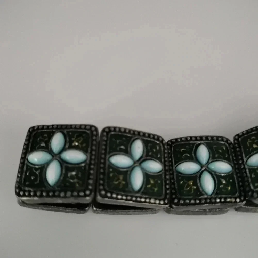 Antique Silver Tone Link Light Blue Flower Cabochon Stretch bangle Bracelet